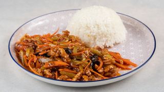 46.    Sweet and sour chicken with rice 鱼香肉丝盖饭