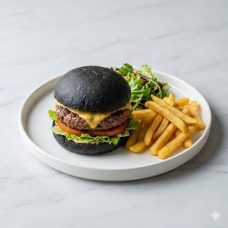 Hamburger di manzo 200 g con panino al carbone, patatine fritte