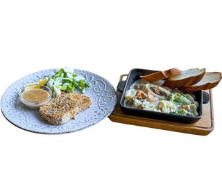 Стейк з тунця з салатом+Сковорода з морепродуктами (230/300г)