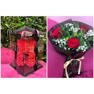 Букет от 3 бр. Червени рози и мече от рози