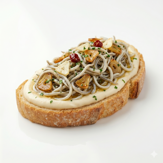 Gulas al ajillo sobre crema de ajo