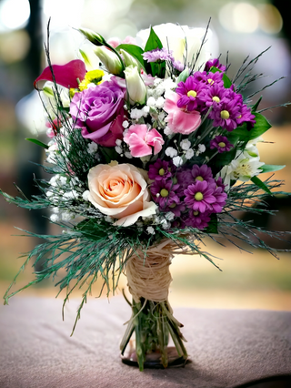 Buket sa raznovrsnim cvećem u okrugloj formi