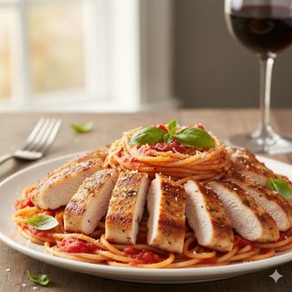 Espaguetis con filete de pollo