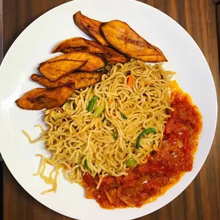 Plantains with Nigerian Noodles and extra Peppered Sauce