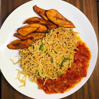 Plantains with Nigerian Noodles and extra Peppered Sauce