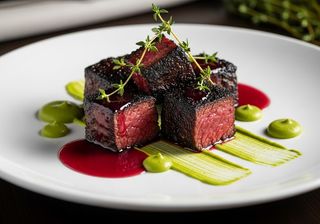 Cubi di Angus affumicati con riduzione al vino e purea al timo