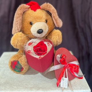 Pelusche con rosa stabilizzata rossa in scatola a cuore