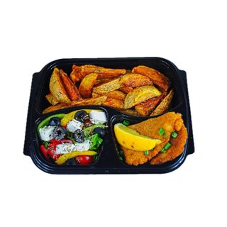 ქათმის შნიცელი 150გრ, მექსიკური კარტოფილი 150გრ, ბერძნული სალათი 200გრ