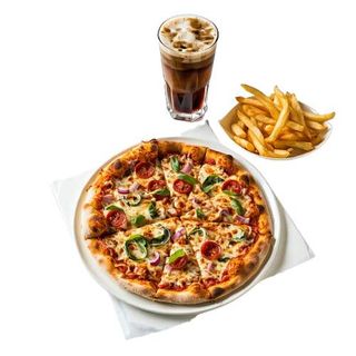 Menú combo1-1 pizza (L), 1 kebab pollo o ternera, 1 hamburguesa, patatas y Pepsi 1L