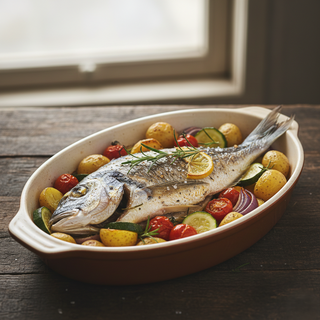 Doradă cu cartofi, legume, rozmarin, la cuptor