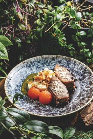 Говяжий язык с картофельным пюре и луковым песто