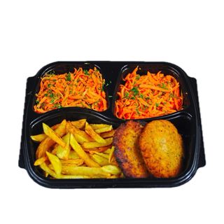 სტაფილოს სალათი 100გრ,  ქათმის კოტლეტი 100გრ,  კარტოფილი ფრი 150გრ