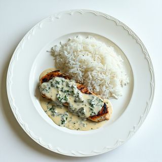 Piept de pui cu sos de gorgonzola și orez