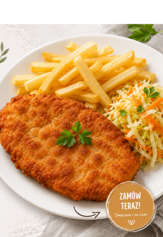 Kotlet schabowy z frytkami i surówką