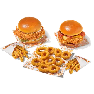 2 Burger a elegir + 2 Patatas + 10 Aros