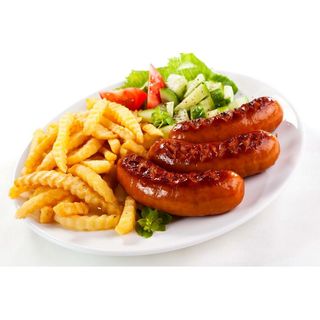 Beef sausages with chips and salad