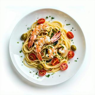 Spaghetti pomodorini, polipo, chele di granchio, olive verde gambere
