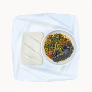 Vegetable soup + Pounded yam + Goat meat