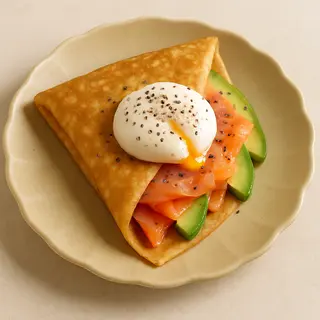 Crep con aguacate,salmón ahumado y huevo poché.
