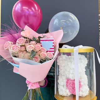 Combo GIFT თაიგული  + ბარათი  + ხელოვნური ყვავილის  თეთრი დათუნია 