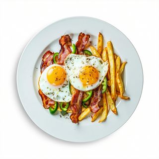 Bacon Con 2 Huevos, Pimiento Verde Y Patatas Fritas