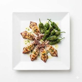 Chipirones Del Cantábrico A La Plancha Con Pimientos De Padrón