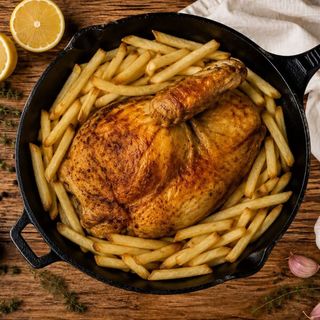 Mezzo pollo con porzione di patatine fritte