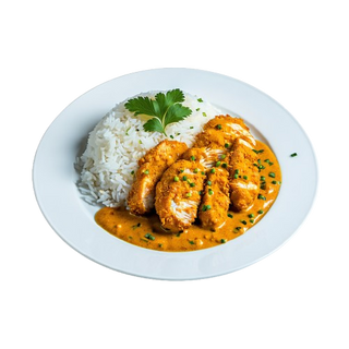 Filete De Pollo EmpanadoCon salsa curry y arroz