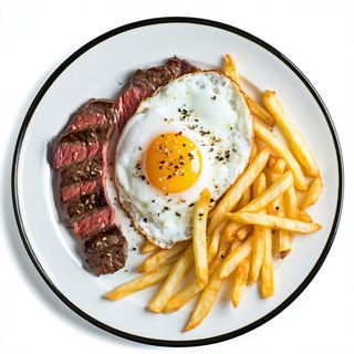 Lomo, patatas, pimiento y huevo