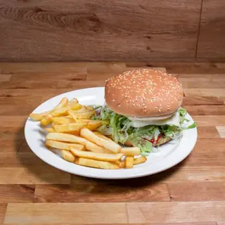 Hamburguesa De Pollo Con Patatas Y Bebida
