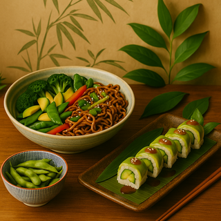 Yakisoba vegetal+sushi roll vegetal+edamame