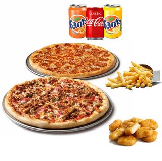 2 Pizzas medianas + 3 Bebidas + 1 Patatas + Nuggets x6