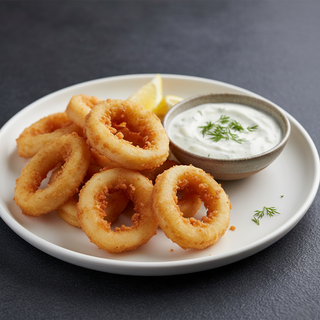 Inele de calamar pane cu sos de iaurt si usturoi