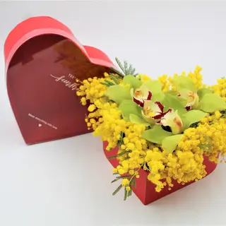Cuore di orchidee e mimosa