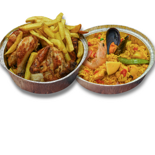Oferta Pollo asado, con Paella y patatas fritas