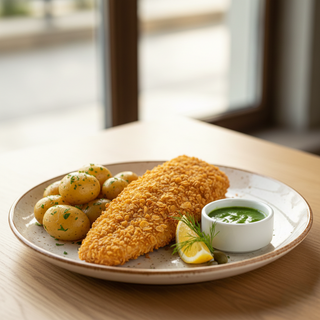 File șalău în fulgi de porumb , cartofi natur și sos pătrunjel