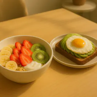 Bolw de yogur + tostada aguacate y huevo