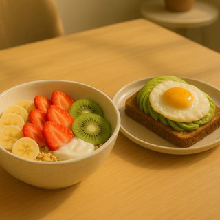 Bolw de yogur + tostada aguacate y huevo