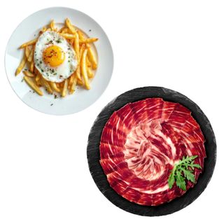 Huevos fritos, patatas y jamón ibérico