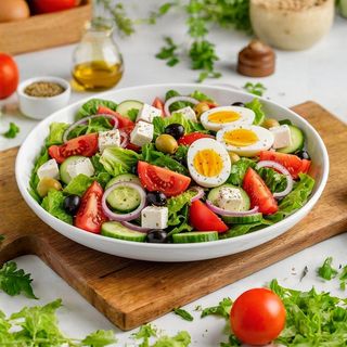 Mediterranean Salad With Feta Cheese, Olives And Boiled Eggs