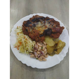 Кралски шницел  с гъби , кашкавал  и моцарела +гарнитура (550г)