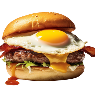 Burger De Vedella, Bacon, Ou Ferrat,  Formatge edam i ceba caramelitzada. 