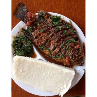 Fish fry + veg served with ugali