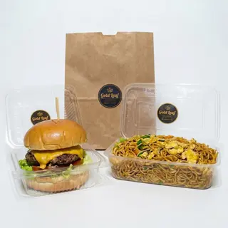 Burger + Egg fried noodles + soda