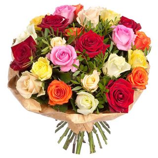 Bukiet 25 kolorowych róż rozmiaru średniego