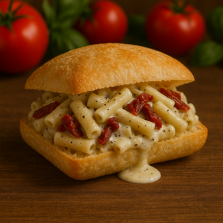 Panino croccante con pasta cacio e pepe  e pomodori secchi 