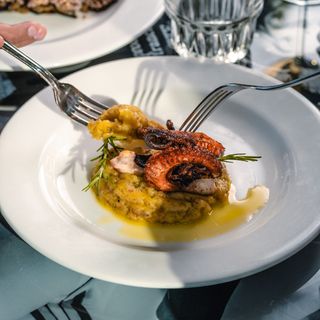 Tentacolo di polpo rosolato con crema di patate al rosmarino.