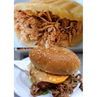 Combo burguer carne mechada y arepa pollo