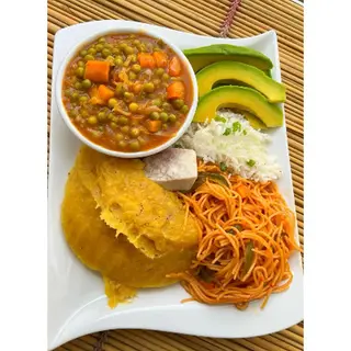 Matooke, Spaghetti, White Rice Yam & Peas Sauce
