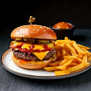 Meniu Home Made Burger cu cartofi prajiti si sos chipotle